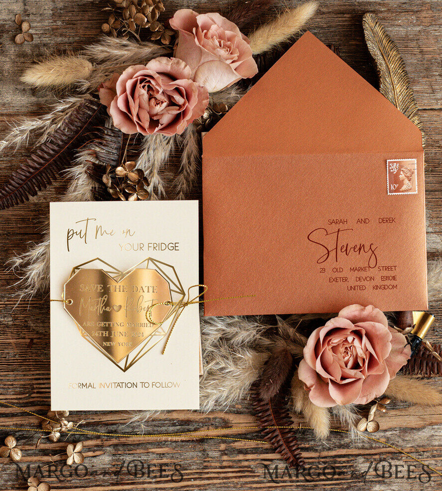 DATEN MERKEN Acrylgoldmagnete Personalisierter Save the Date Herz-Acrylmagnet und Karte, Gold Terrakotta elegante Hochzeits-Save the Dates Acrylmagnete, Boho Save the Date Karten