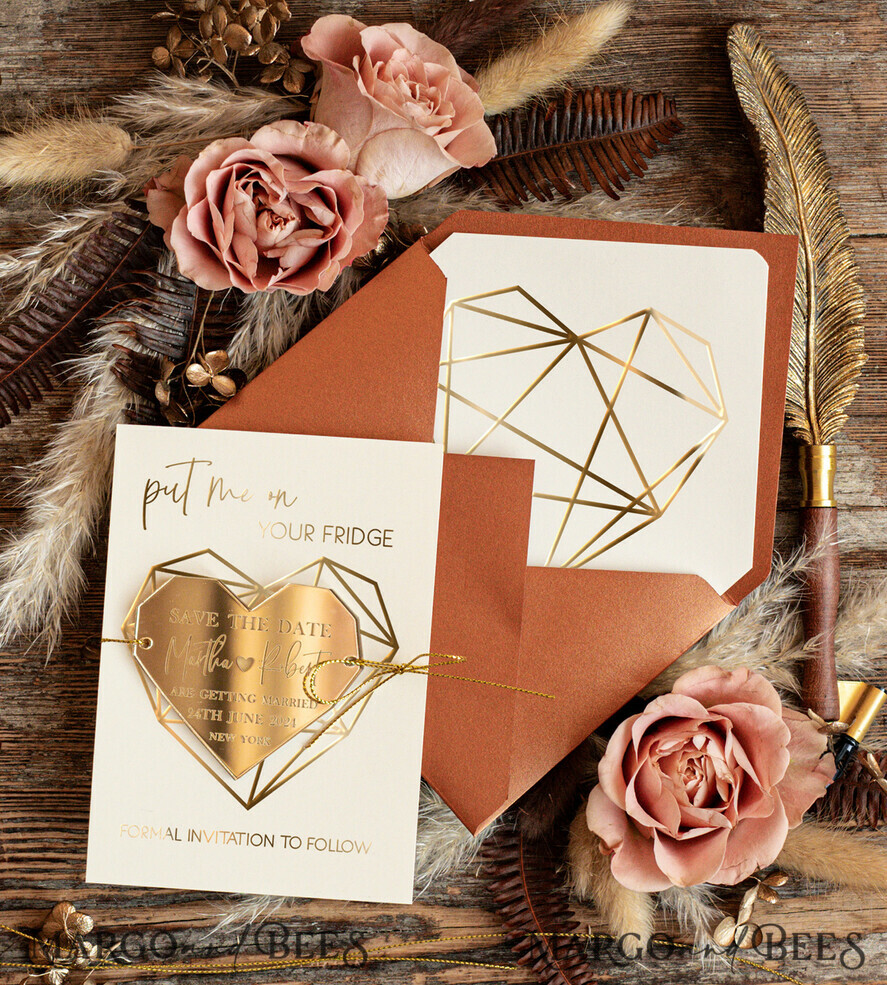 DATEN MERKEN Acrylgoldmagnete Personalisierter Save the Date Herz-Acrylmagnet und Karte, Gold Terrakotta elegante Hochzeits-Save the Dates Acrylmagnete, Boho Save the Date Karten