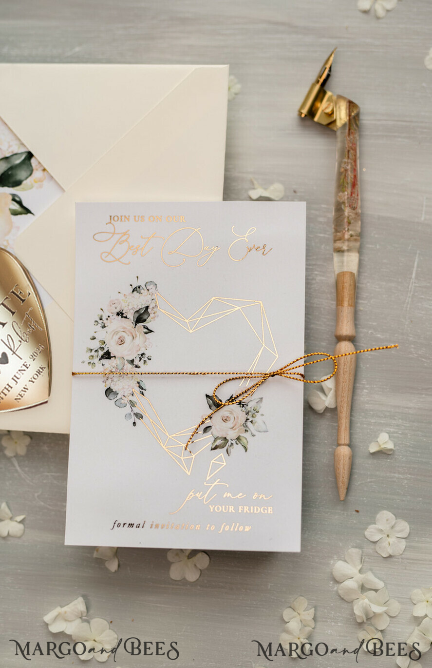 SAVE THE DATES acrylic gold magnets Personalised Gold Acrylic  Save the Date Magnet and Card, Gold Wedding Save The Dates Plexi Magnets, Wedding Boho Save The Date Cards