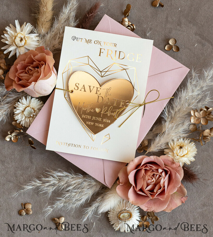 SAVE THE DATES acrylic gold magnets Personalised Gold Acrylic Heart Save the Date Magnet and Card, blush Pink Wedding Save The Dates Plexi Magnets, Wedding Boho Save The Date Cards