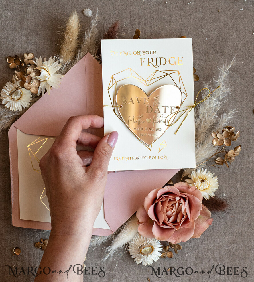 SAVE THE DATES acrylic gold magnets Personalised Gold Acrylic Heart Save the Date Magnet and Card, blush Pink Wedding Save The Dates Plexi Magnets, Wedding Boho Save The Date Cards