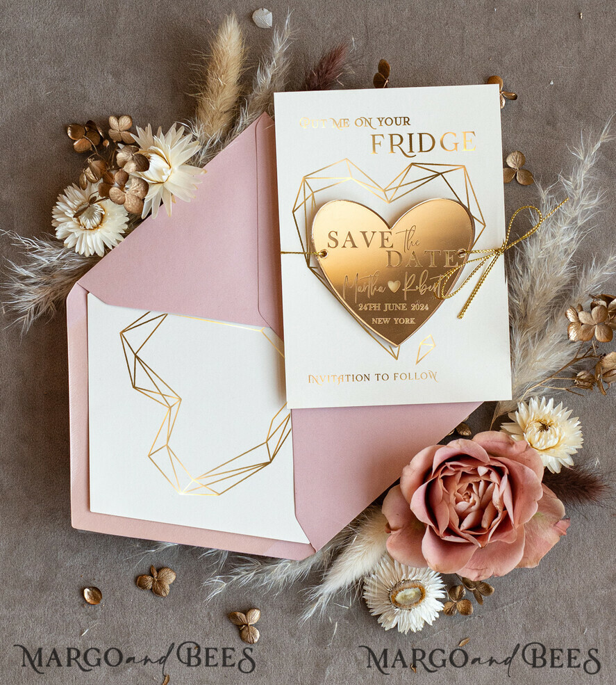 SAVE THE DATES acrylic gold magnets Personalised Gold Acrylic Heart Save the Date Magnet and Card, blush Pink Wedding Save The Dates Plexi Magnets, Wedding Boho Save The Date Cards