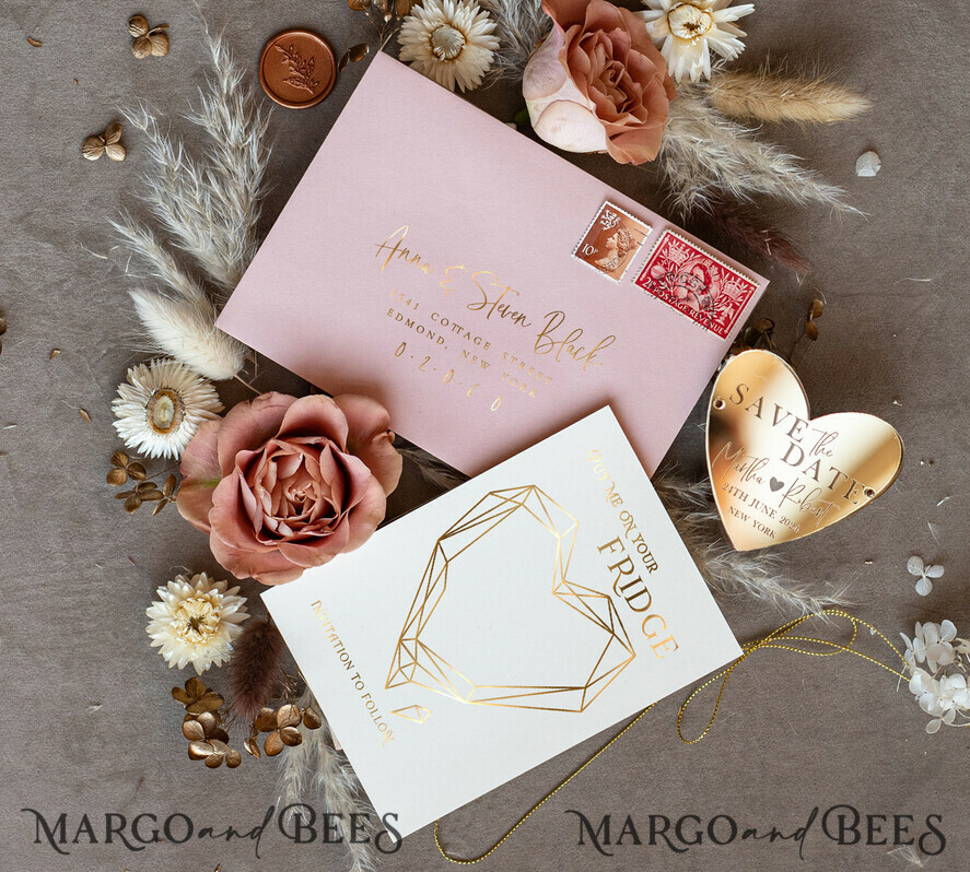 SAVE THE DATES acrylic gold magnets Personalised Gold Acrylic Heart Save the Date Magnet and Card, blush Pink Wedding Save The Dates Plexi Magnets, Wedding Boho Save The Date Cards