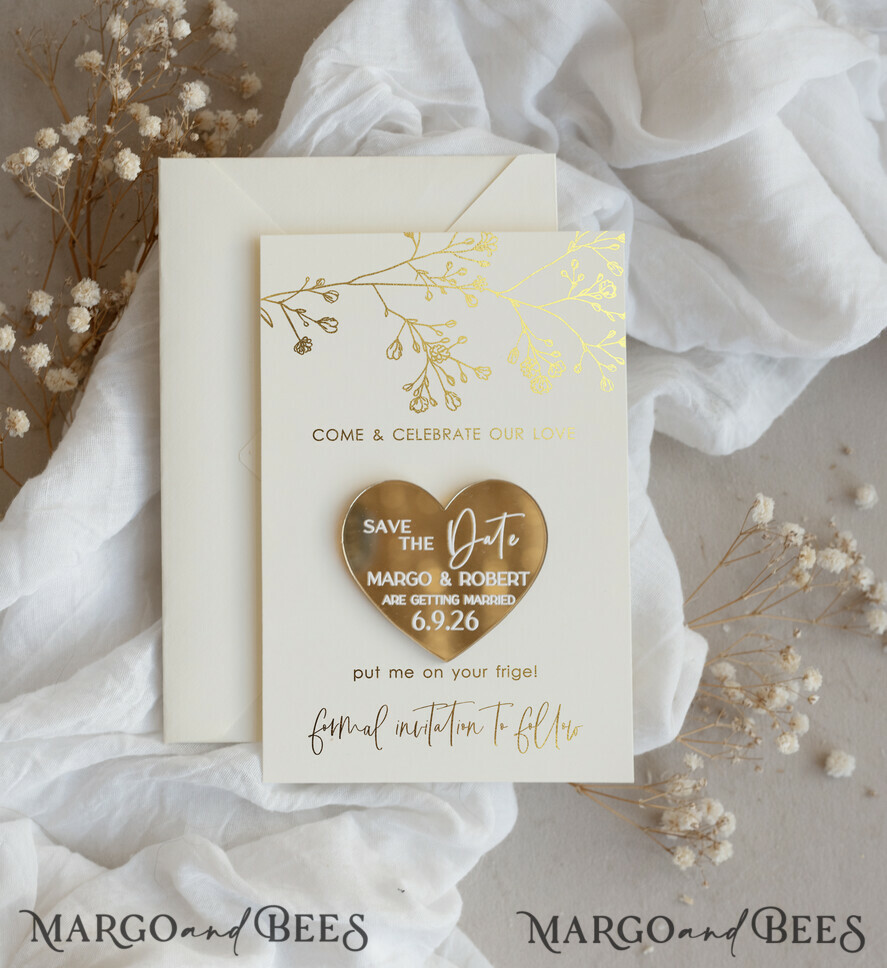 DATEN MERKEN Acrylgoldmagnete Personalisierter Gold-Acryl-Save-the-Date-Magnet und -Karte, Goldene Hochzeits-Save-the-Dates-Plexi-Magnete, Hochzeits-Boho-Save-the-Date-Karten