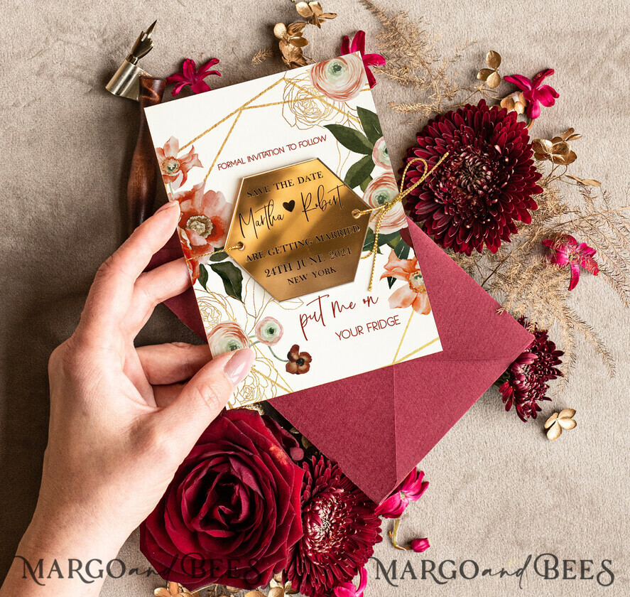 SAVE THE DATES acrylic gold magnets Personalised Maroon Save the Date hexagon Magnet and Card, boho Wedding Save The Dates Acrylic golden mirror magnet