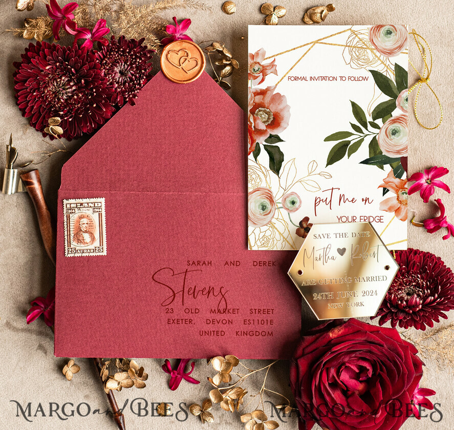 SAVE THE DATES acrylic gold magnets Personalised Maroon Save the Date hexagon Magnet and Card, boho Wedding Save The Dates Acrylic golden mirror magnet