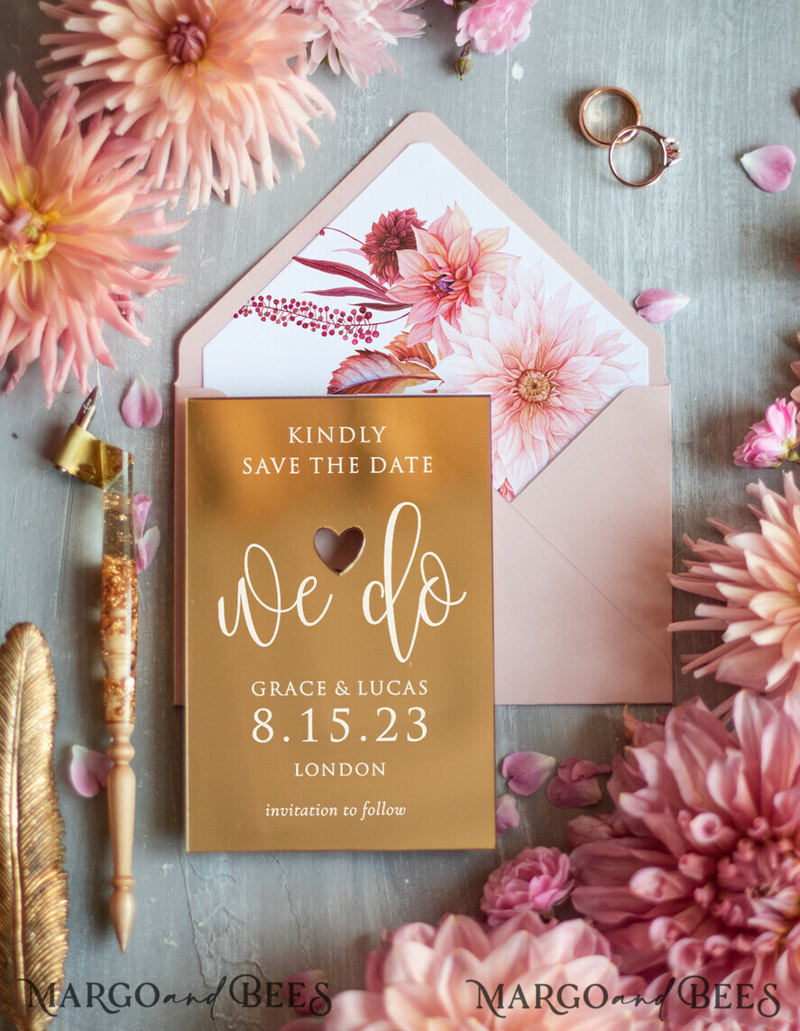 DATEN MERKEN Acrylgoldmagnete Luxus-Hochzeit Save the Date, Save the Date personalisierter goldener Spiegel, Plexiglas gold, rosa Umschlag