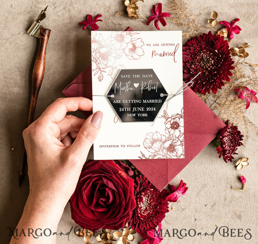 SAVE THE DATES acrylic gold magnets Personalised Save the Date Hexagon Magnet and Card, Burgundy Elegant Wedding Save The Dates Acrylic Silver Heart