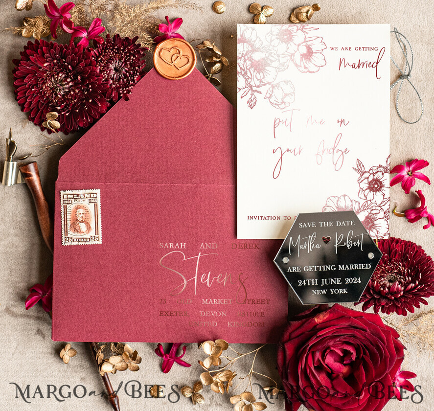 SAVE THE DATES acrylic gold magnets Personalised Save the Date Hexagon Magnet and Card, Burgundy Elegant Wedding Save The Dates Acrylic Silver Heart