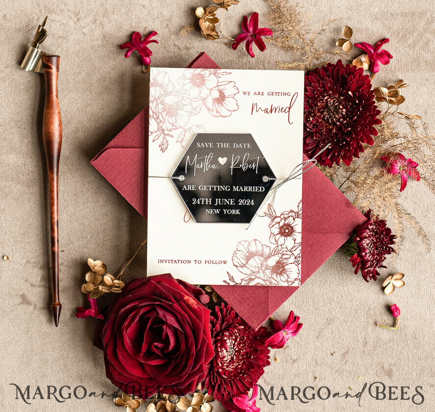 SAVE THE DATES acrylic gold magnets Personalised Save the Date Hexagon Magnet and Card, Burgundy Elegant Wedding Save The Dates Acrylic Silver Heart