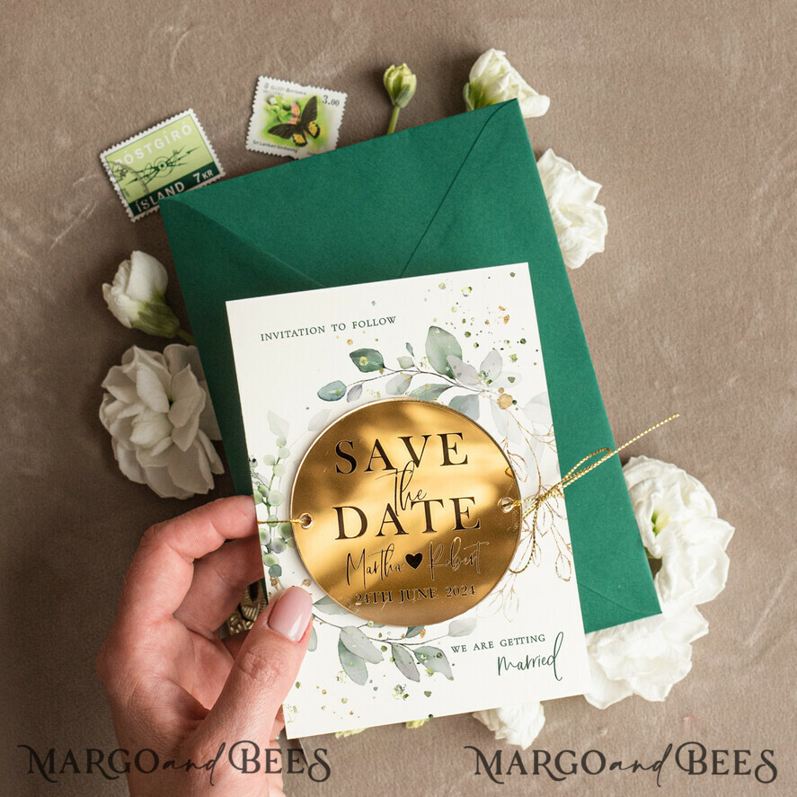 SAVE THE DATES acrylic gold magnets Luxury Green and Gold Save the Date Acrylic Magnet and Card, Gold Wedding Save The Dates Acrylic Magnets, Dark Green envelope Save The Date 