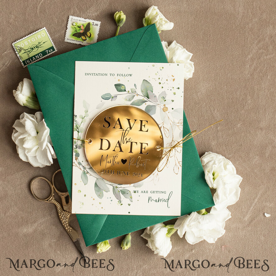 Luxury Green and Gold Save the Date Acrylic Magnet and Card, Gold Wedding Save The Dates Acrylic Magnets, Dark Green envelope Save The Date 
