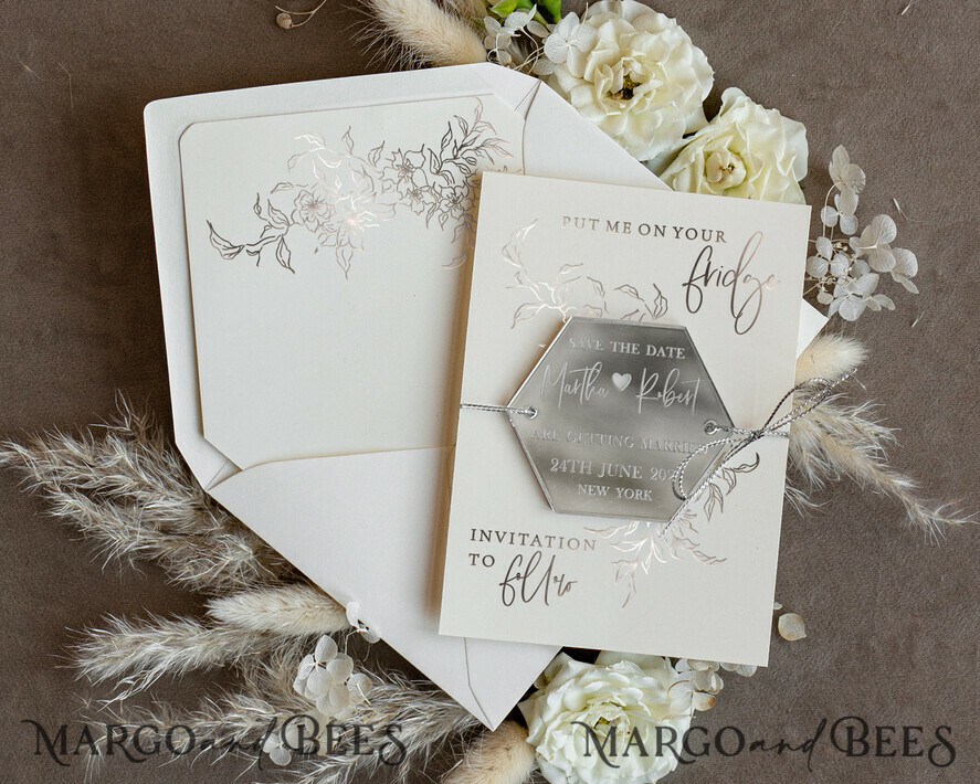 SAVE THE DATES acrylic gold magnets Luxory Silver Acrylic hexagon Save the Date Magnet and Card, Wedding Save The Dates Plexi Magnets, Wedding Boho Save The Date Cards