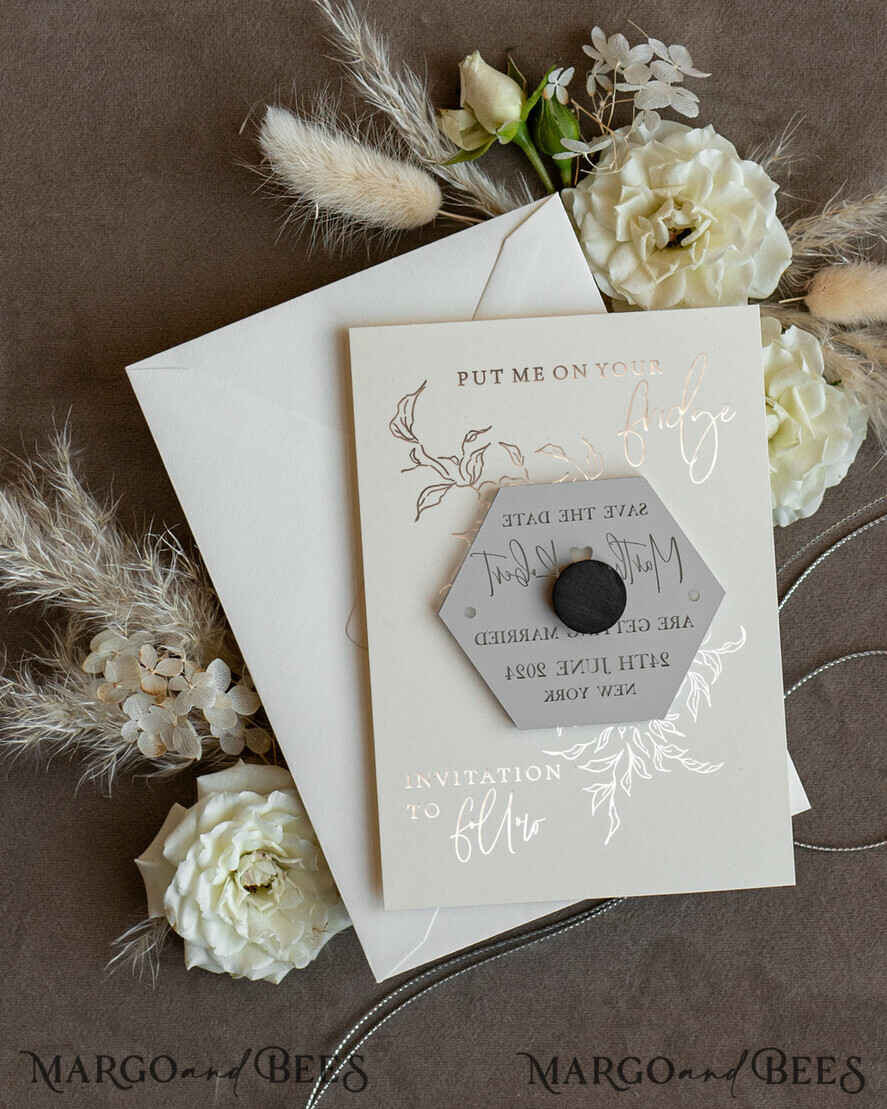 SAVE THE DATES acrylic gold magnets Luxory Silver Acrylic hexagon Save the Date Magnet and Card, Wedding Save The Dates Plexi Magnets, Wedding Boho Save The Date Cards