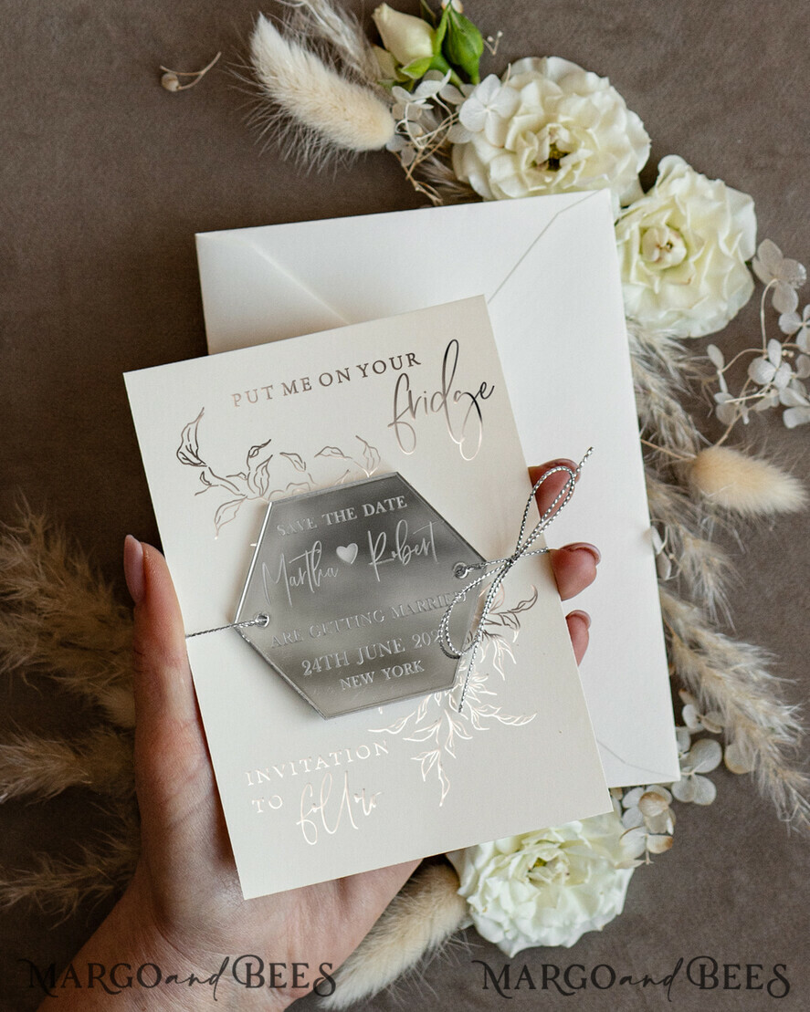 SAVE THE DATES acrylic gold magnets Luxory Silver Acrylic hexagon Save the Date Magnet and Card, Wedding Save The Dates Plexi Magnets, Wedding Boho Save The Date Cards