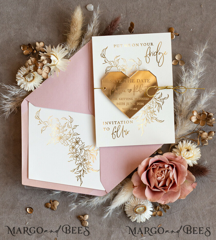 SAVE THE DATES acrylic gold magnets Personalised Gold Acrylic Heart Save the Date Magnet and Card, blush Pink Wedding Save The Dates Plexi Magnets, Wedding Boho Save The Date Cards