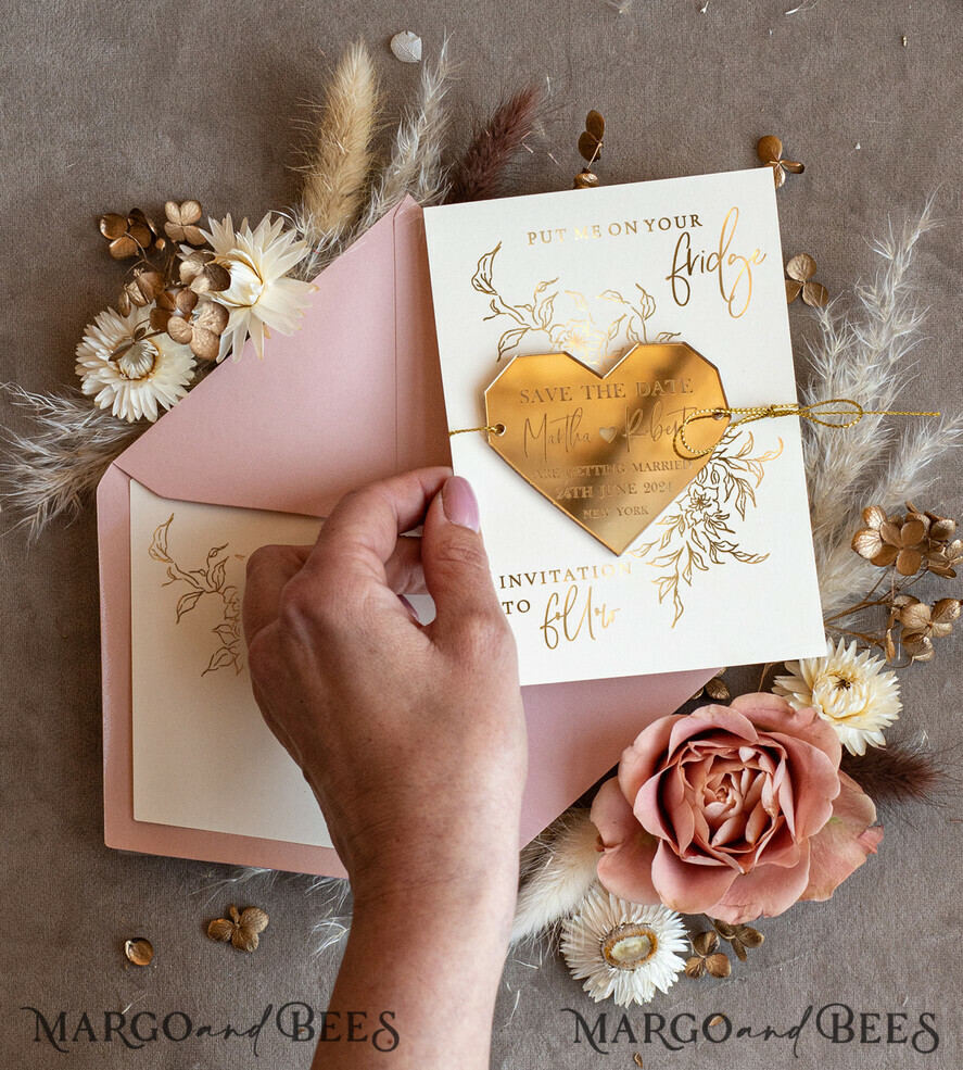 SAVE THE DATES acrylic gold magnets Personalised Gold Acrylic Heart Save the Date Magnet and Card, blush Pink Wedding Save The Dates Plexi Magnets, Wedding Boho Save The Date Cards