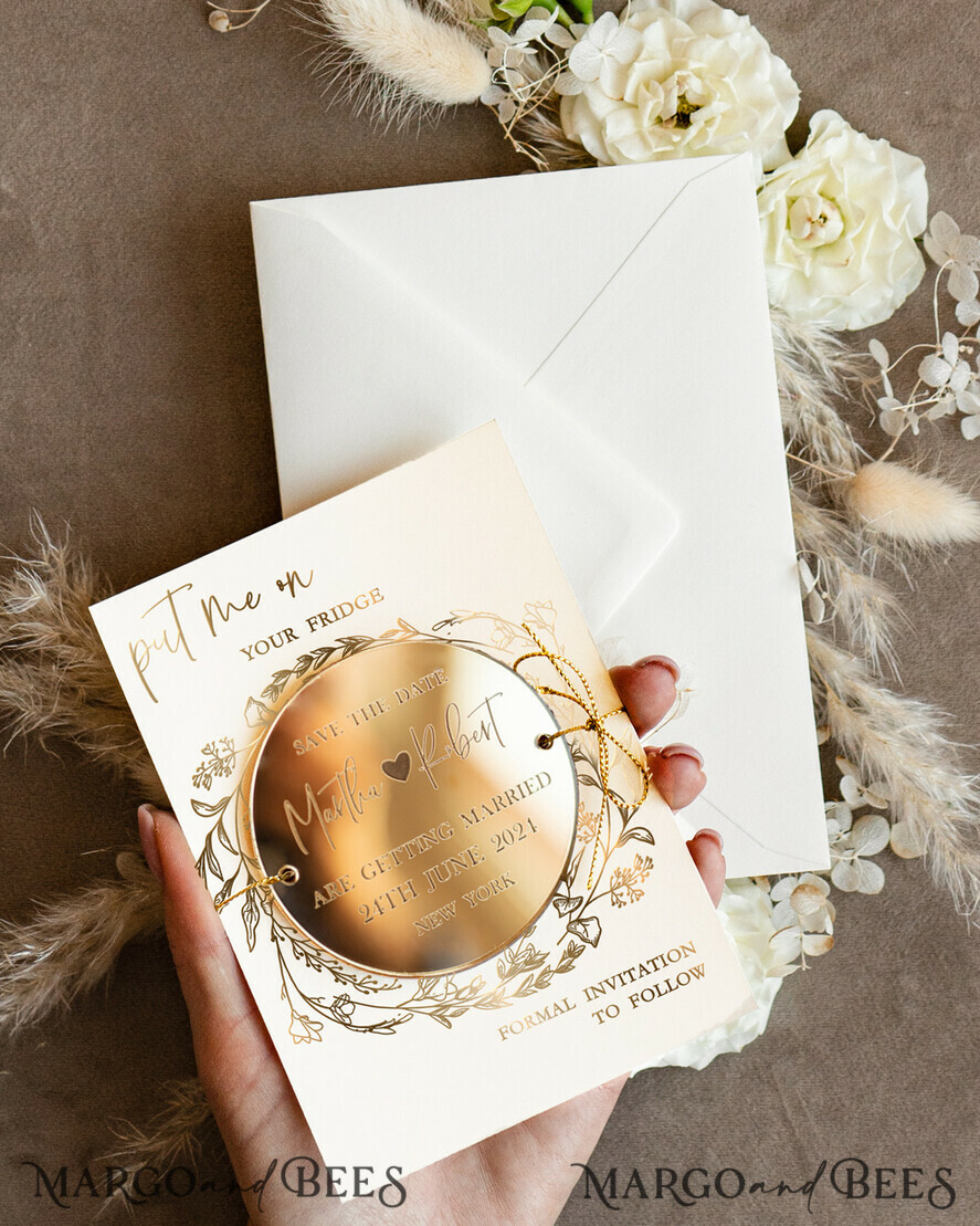SAVE THE DATES acrylic gold magnets Personalised Gold Acrylic circle Save the Date Magnet and Card, ivory Wedding Save The Dates Plexi Magnets, Wedding Boho Save The Date Cards