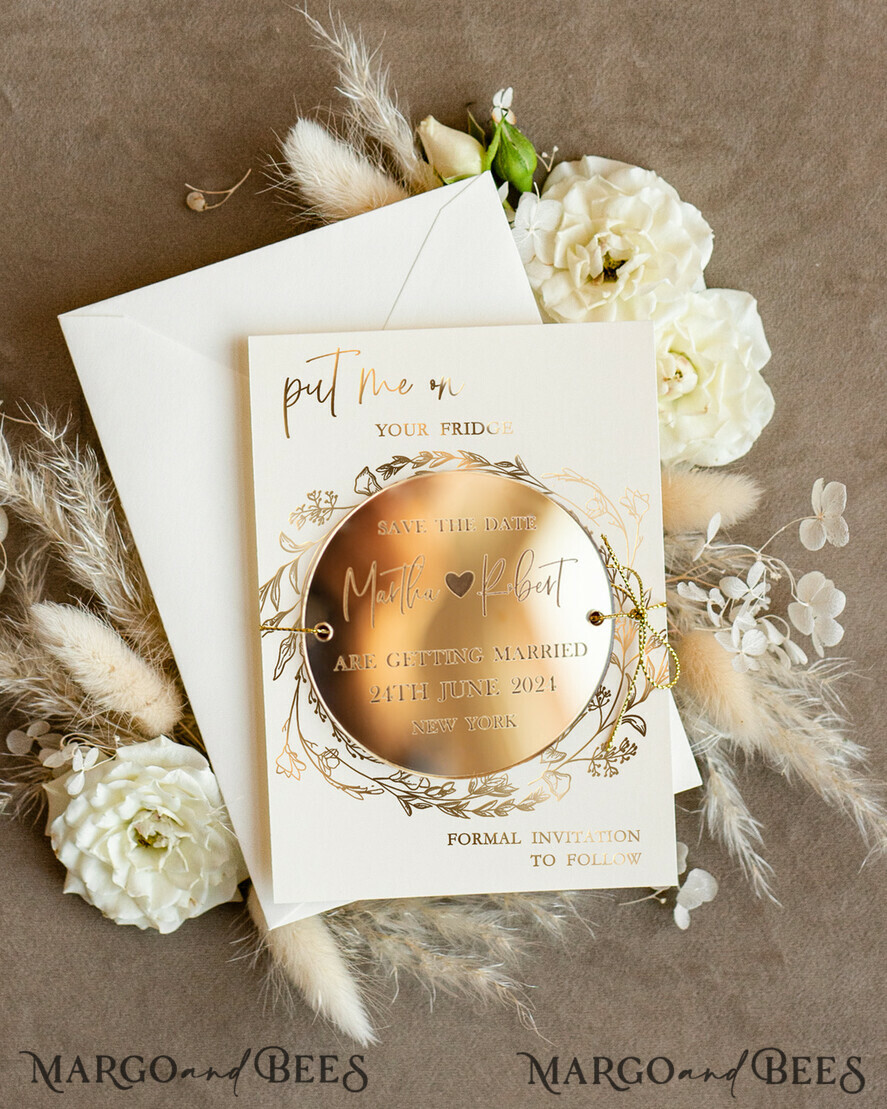 SAVE THE DATES acrylic gold magnets Personalised Gold Acrylic circle Save the Date Magnet and Card, ivory Wedding Save The Dates Plexi Magnets, Wedding Boho Save The Date Cards