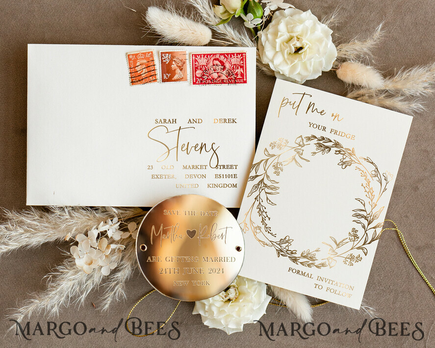 SAVE THE DATES acrylic gold magnets Personalised Gold Acrylic circle Save the Date Magnet and Card, ivory Wedding Save The Dates Plexi Magnets, Wedding Boho Save The Date Cards