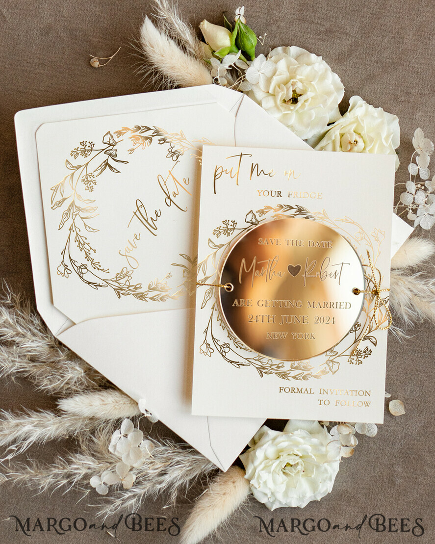 SAVE THE DATES acrylic gold magnets Personalised Gold Acrylic circle Save the Date Magnet and Card, ivory Wedding Save The Dates Plexi Magnets, Wedding Boho Save The Date Cards