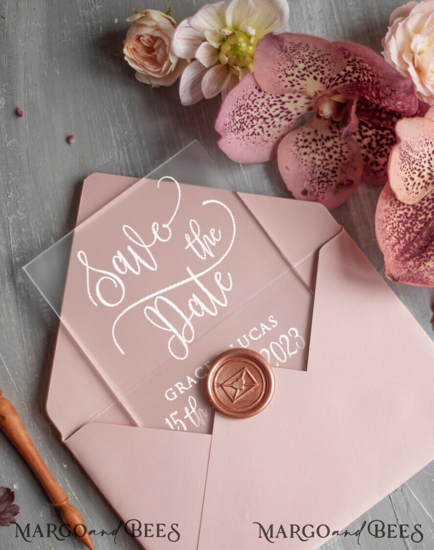 DATEN MERKEN Acrylgoldmagnete Datum merken personalisiert, luxuriöse Plexi-Satin, blush rosa Umschlag, Acryl-Satin, Hochzeit Save The Date Karte