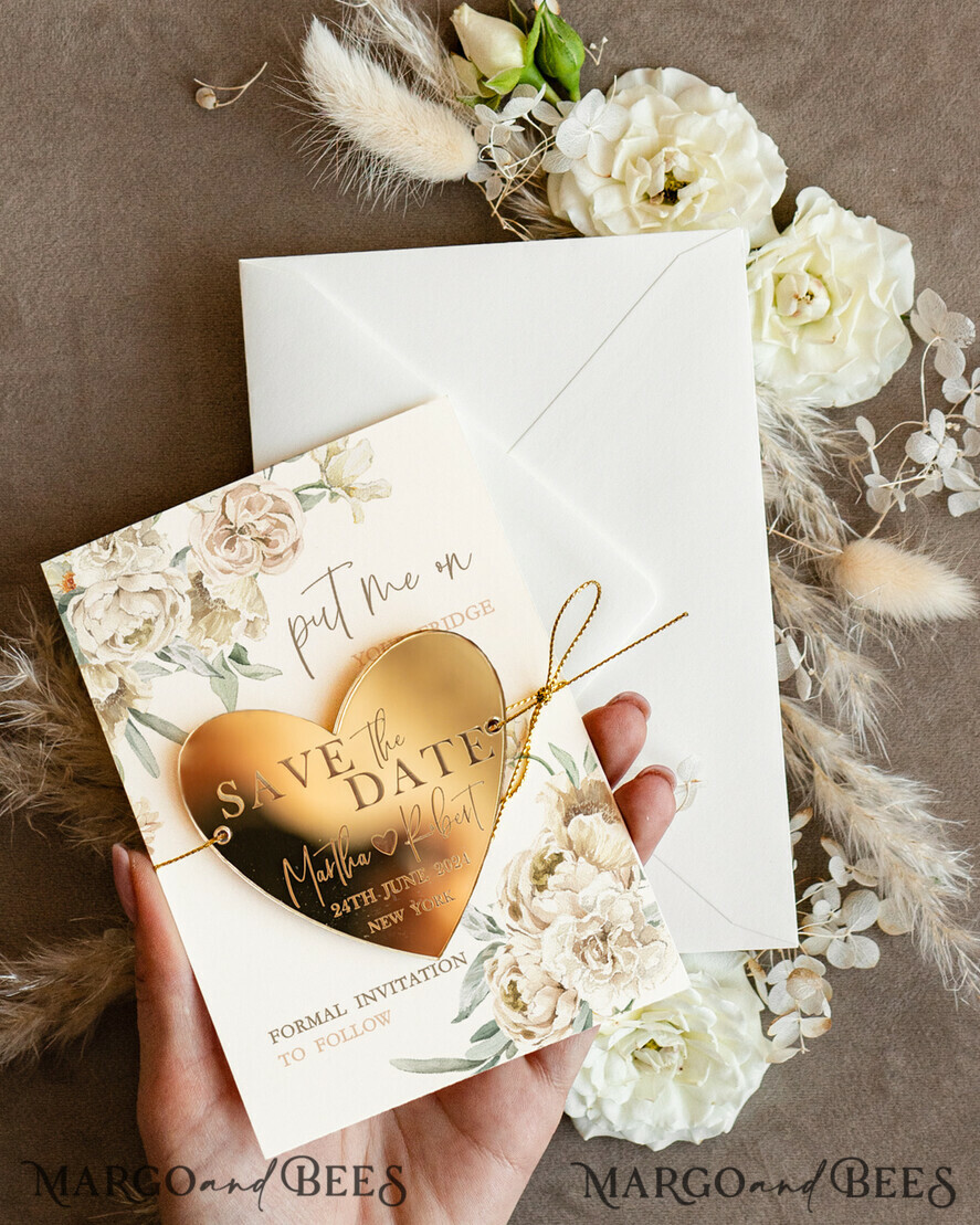 SAVE THE DATES acrylic gold magnets Personalised Gold Acrylic heart Save the Date Magnet and Card, ivory Wedding Save The Dates Plexi Magnets, Wedding Boho Save The Date Cards