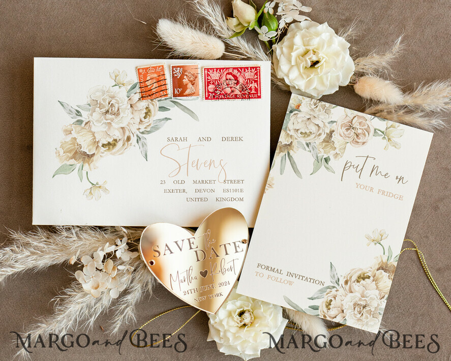 SAVE THE DATES acrylic gold magnets Personalised Gold Acrylic heart Save the Date Magnet and Card, ivory Wedding Save The Dates Plexi Magnets, Wedding Boho Save The Date Cards