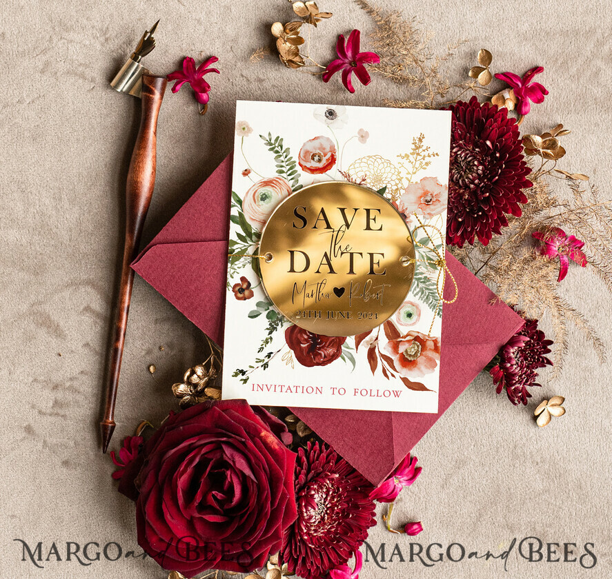 SAVE THE DATES acrylic gold magnets Personalised Maroon Save the Date circle Magnet and Card, boho Wedding Save The Dates Acrylic golden mirror magnet