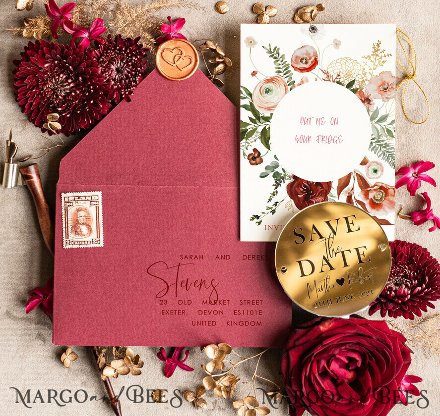 SAVE THE DATES acrylic gold magnets Personalised Maroon Save the Date circle Magnet and Card, boho Wedding Save The Dates Acrylic golden mirror magnet