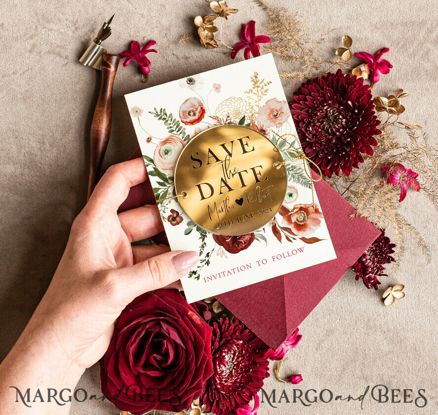 SAVE THE DATES acrylic gold magnets Personalised Maroon Save the Date circle Magnet and Card, boho Wedding Save The Dates Acrylic golden mirror magnet