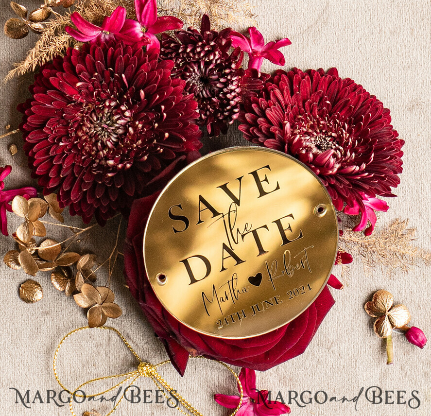 SAVE THE DATES acrylic gold magnets Personalised Maroon Save the Date circle Magnet and Card, boho Wedding Save The Dates Acrylic golden mirror magnet