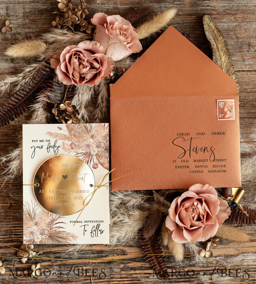 DATEN MERKEN Acrylgoldmagnete Personalisierte Save the Date Acrylmagnet und Karte, Gold Terrakotta Elegante Hochzeits-Save the Dates Acrylmagnete, Boho Save the Date Karten