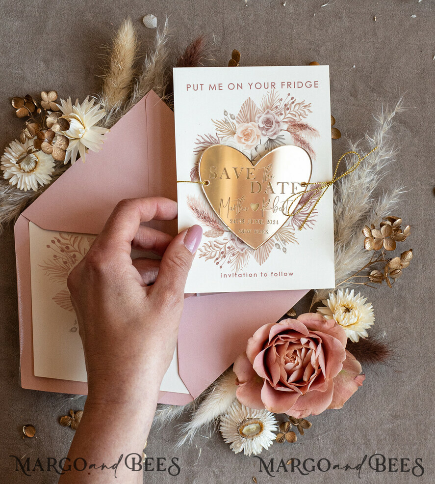 DATEN MERKEN Acrylgoldmagnete Personalisierte Blush Pink Save the Date Acryl Herzmagnet und Karte, Gold Blush Pink Herz Hochzeits-Save The Dates Acrylmagnete, Save The Date Karten mit Herzmagnet
