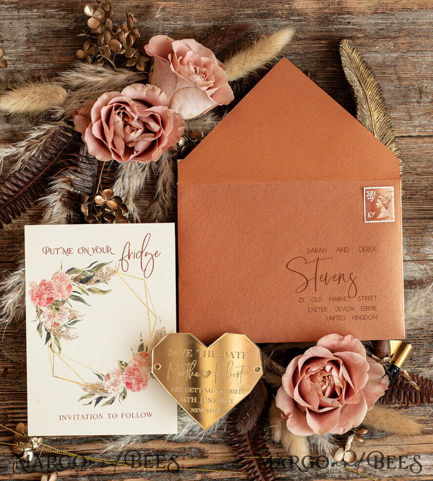 DATEN MERKEN Acrylgoldmagnete Personalisierte Herz Save the Date Acryl-Tag Magnet und Karte, Gold Terrakotta Geometrisches Herz Hochzeit Save The Dates Acrylmagneten, Boho Save The Date Karten