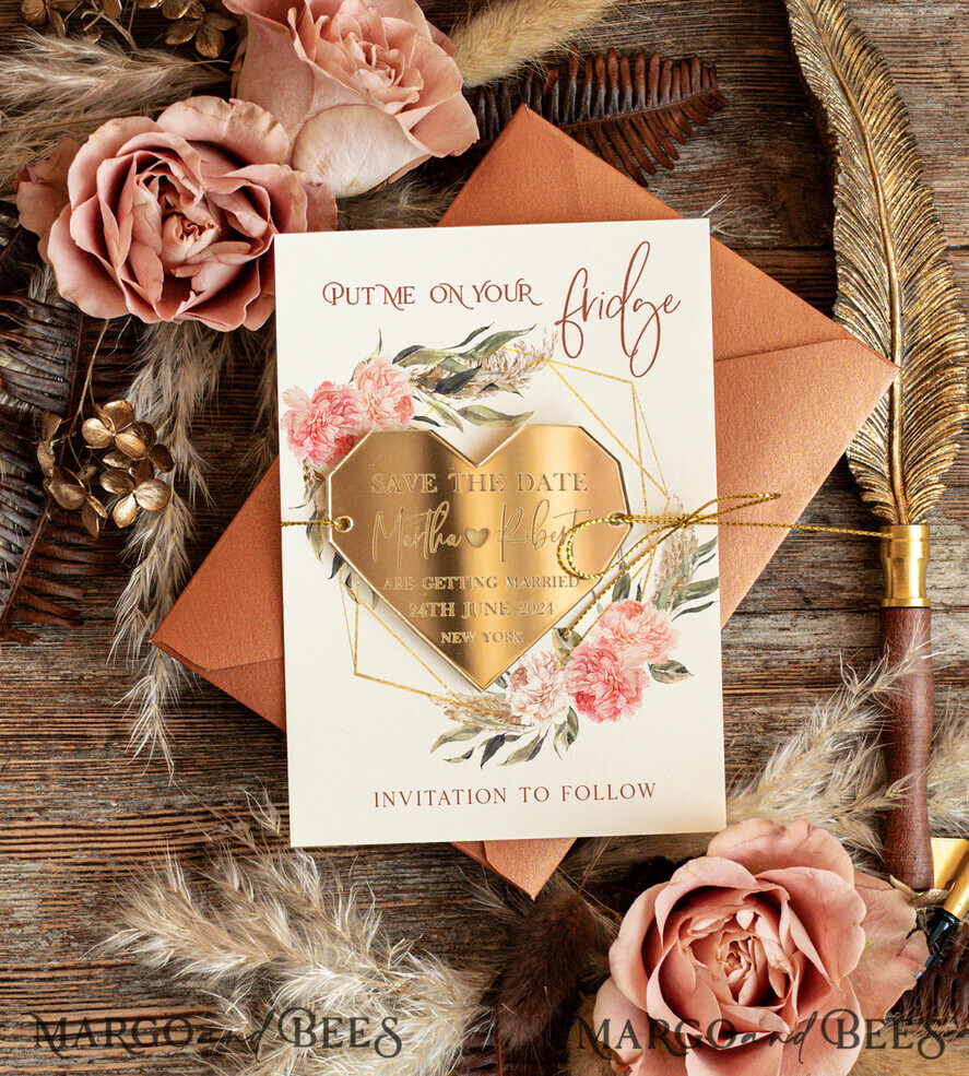 DATEN MERKEN Acrylgoldmagnete Personalisierte Herz Save the Date Acryl-Tag Magnet und Karte, Gold Terrakotta Geometrisches Herz Hochzeit Save The Dates Acrylmagneten, Boho Save The Date Karten