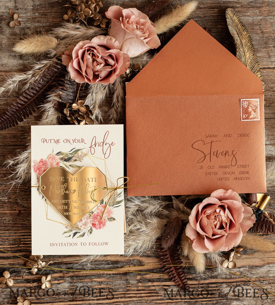 DATEN MERKEN Acrylgoldmagnete Personalisierte Herz Save the Date Acryl-Tag Magnet und Karte, Gold Terrakotta Geometrisches Herz Hochzeit Save The Dates Acrylmagneten, Boho Save The Date Karten