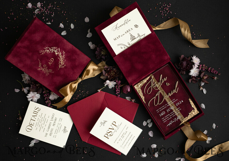 HOCHZEITS EINLADUNGEN Einladungen für VIP/ Boxeinladungen für Eltern Blush Pink Boxed Hochzeitseinladungset, 3D Gold Plexi Hochzeitseinladung Suite Luxusbox, elegante Boho Samt-Hochzeitskarten, maßgeschneiderte goldene Einladungen