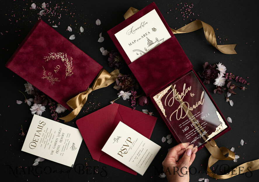HOCHZEITS EINLADUNGEN Einladungen für VIP/ Boxeinladungen für Eltern Blush Pink Boxed Hochzeitseinladungset, 3D Gold Plexi Hochzeitseinladung Suite Luxusbox, elegante Boho Samt-Hochzeitskarten, maßgeschneiderte goldene Einladungen