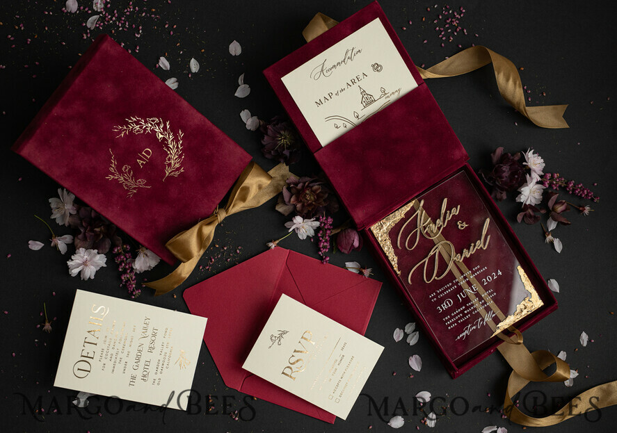 HOCHZEITS EINLADUNGEN Einladungen für VIP/ Boxeinladungen für Eltern Blush Pink Boxed Hochzeitseinladungset, 3D Gold Plexi Hochzeitseinladung Suite Luxusbox, elegante Boho Samt-Hochzeitskarten, maßgeschneiderte goldene Einladungen