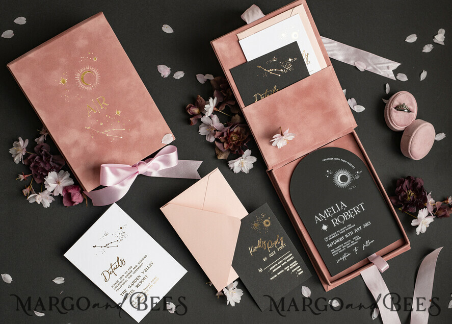 HOCHZEITS EINLADUNGEN Einladungen für VIP/ Boxeinladungen für Eltern Arch Acryl Hochzeitskarten in Samtbox, Schwarze Plexi Glamour Hochzeitskarten Suite Luxusbox, Mond Sterne Elegante Samthochzeitskarten