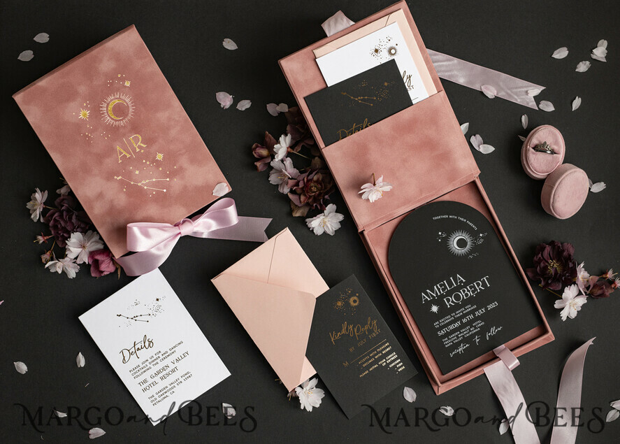 HOCHZEITS EINLADUNGEN Einladungen für VIP/ Boxeinladungen für Eltern Arch Acryl Hochzeitskarten in Samtbox, Schwarze Plexi Glamour Hochzeitskarten Suite Luxusbox, Mond Sterne Elegante Samthochzeitskarten