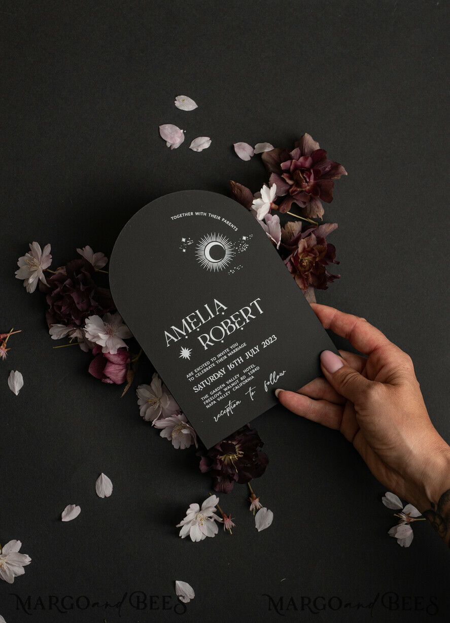 HOCHZEITS EINLADUNGEN Einladungen für VIP/ Boxeinladungen für Eltern Arch Acryl Hochzeitskarten in Samtbox, Schwarze Plexi Glamour Hochzeitskarten Suite Luxusbox, Mond Sterne Elegante Samthochzeitskarten