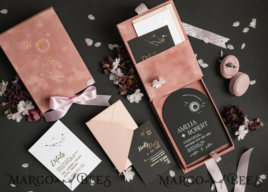 HOCHZEITS EINLADUNGEN Einladungen für VIP/ Boxeinladungen für Eltern Arch Acryl Hochzeitskarten in Samtbox, Schwarze Plexi Glamour Hochzeitskarten Suite Luxusbox, Mond Sterne Elegante Samthochzeitskarten