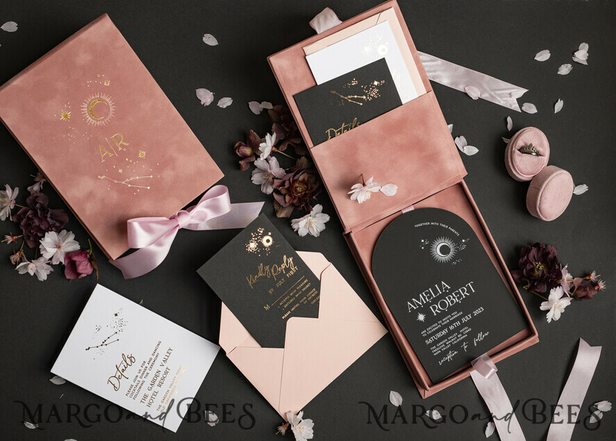 HOCHZEITS EINLADUNGEN Einladungen für VIP/ Boxeinladungen für Eltern Arch Acryl Hochzeitskarten in Samtbox, Schwarze Plexi Glamour Hochzeitskarten Suite Luxusbox, Mond Sterne Elegante Samthochzeitskarten