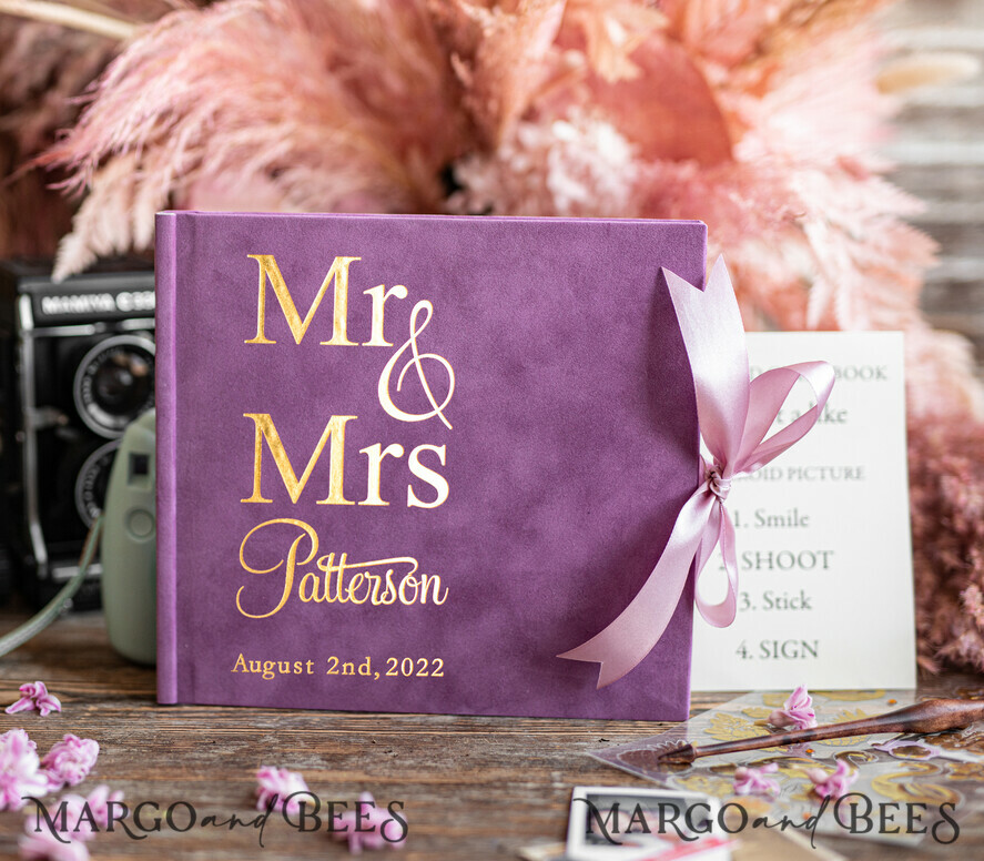 HOCHZEITS-GÄSTEBÜCHER Samtkissen Instax Gästebuch Elegantes lila Instax Samt Hochzeits-Gästebuch Gold, großes Sofort-Hochzeits-Gästebuch, Polaroid Samt-Gästebuch lila Golden Hochzeit