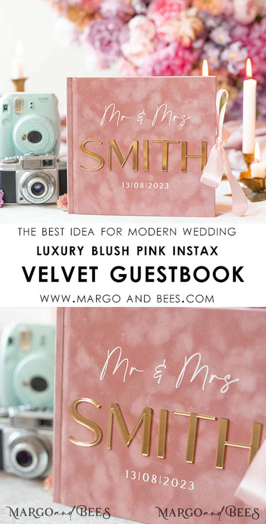 WEDDING GUEST BOOKS Velvet Instax Guestbook Luxury Blush Pink Instax velvet Wedding GuestBook Gold, Large Instant Wedding Guest Book, Polaroid velvet Guestbook Pink Golden wedding