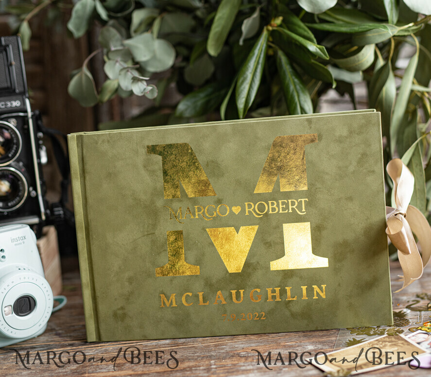 HOCHZEITS-GÄSTEBÜCHER Samtkissen Instax Gästebuch Luxuriöses Olive Blue Instax Samt Hochzeits-Gästebuch Gold, großes Instant Hochzeits-Gästebuch, Toscana Polaroid Samt Gästebuch