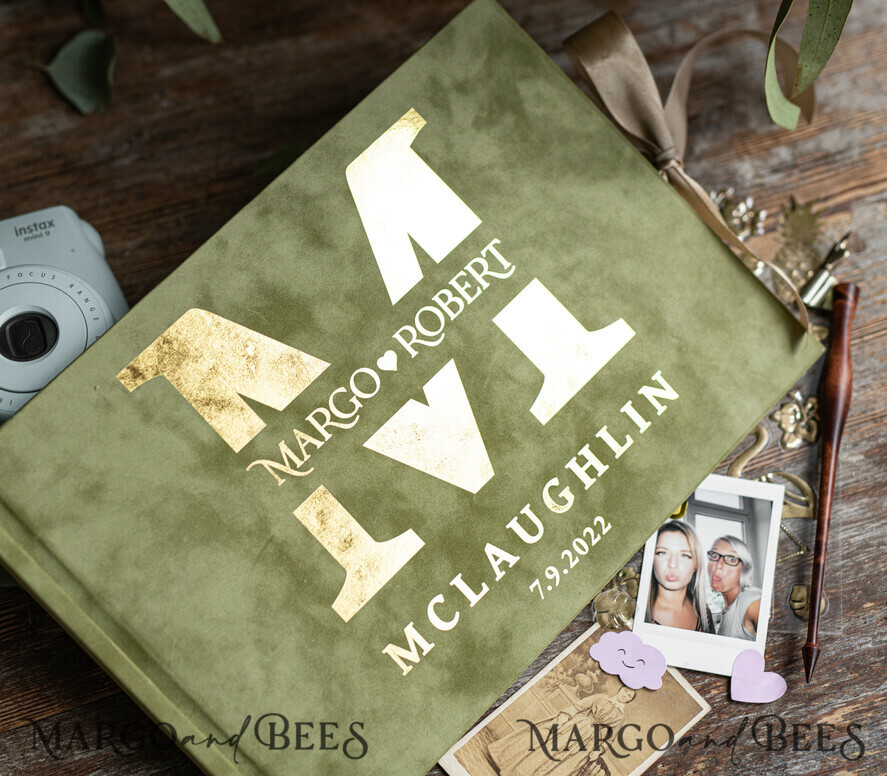 HOCHZEITS-GÄSTEBÜCHER Samtkissen Instax Gästebuch Luxuriöses Olive Blue Instax Samt Hochzeits-Gästebuch Gold, großes Instant Hochzeits-Gästebuch, Toscana Polaroid Samt Gästebuch
