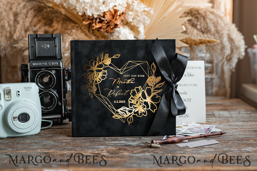 HOCHZEITS-GÄSTEBÜCHER Samtkissen Instax Gästebuch Schwarzes Boho Instax Samt Hochzeits-Gästebuch Gold, Schwarzes Instant Hochzeits-Gästebuch, Polaroid Samt-Gästebuch Schwarz Golden Hochzeit